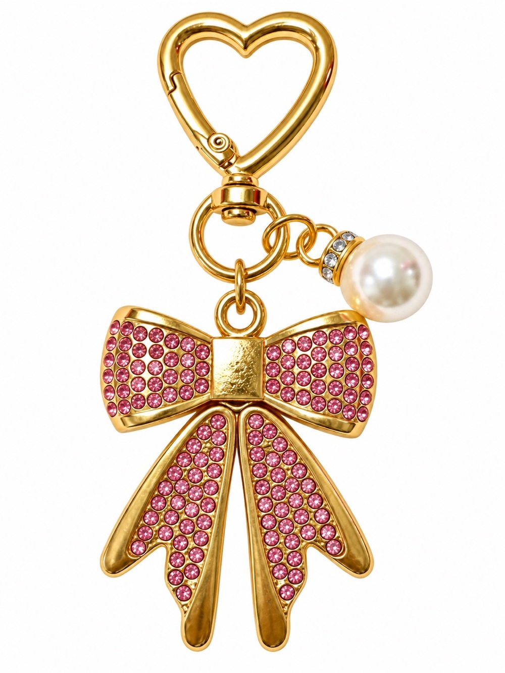 Gold Heart Pink Rhinestone Bow Pearl Bag Charm Keychain New
